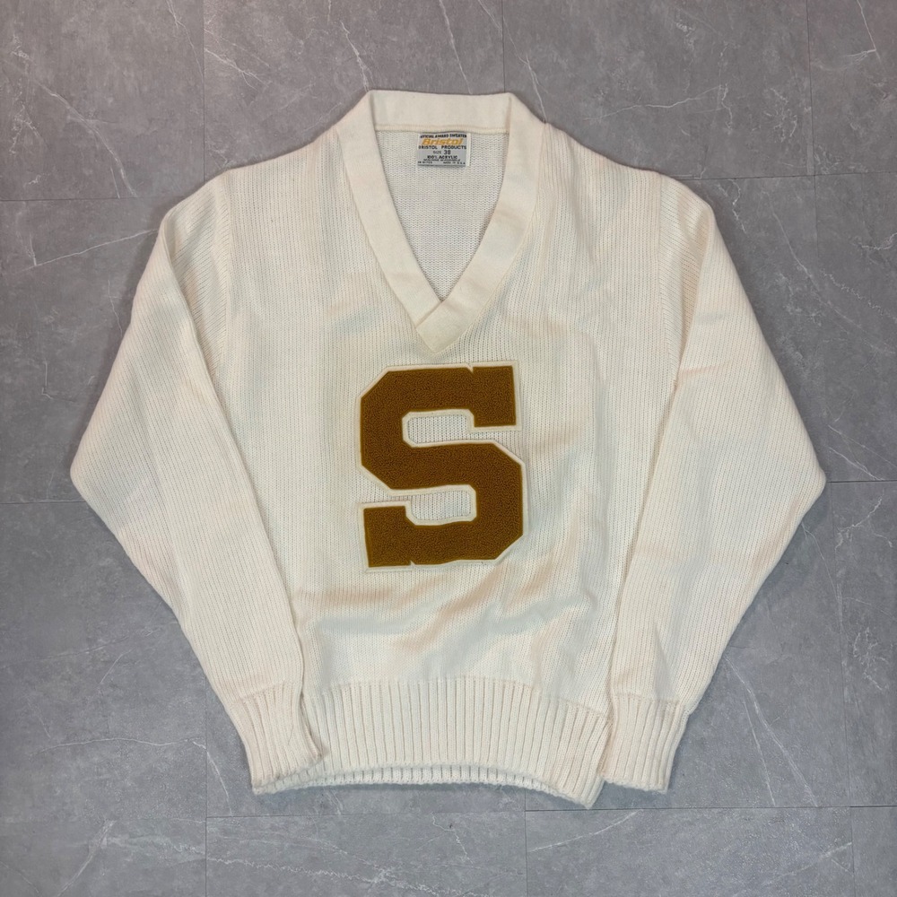 Vintage Bristol Products Official Award Sweater Mens 38 White Chenille Patch S